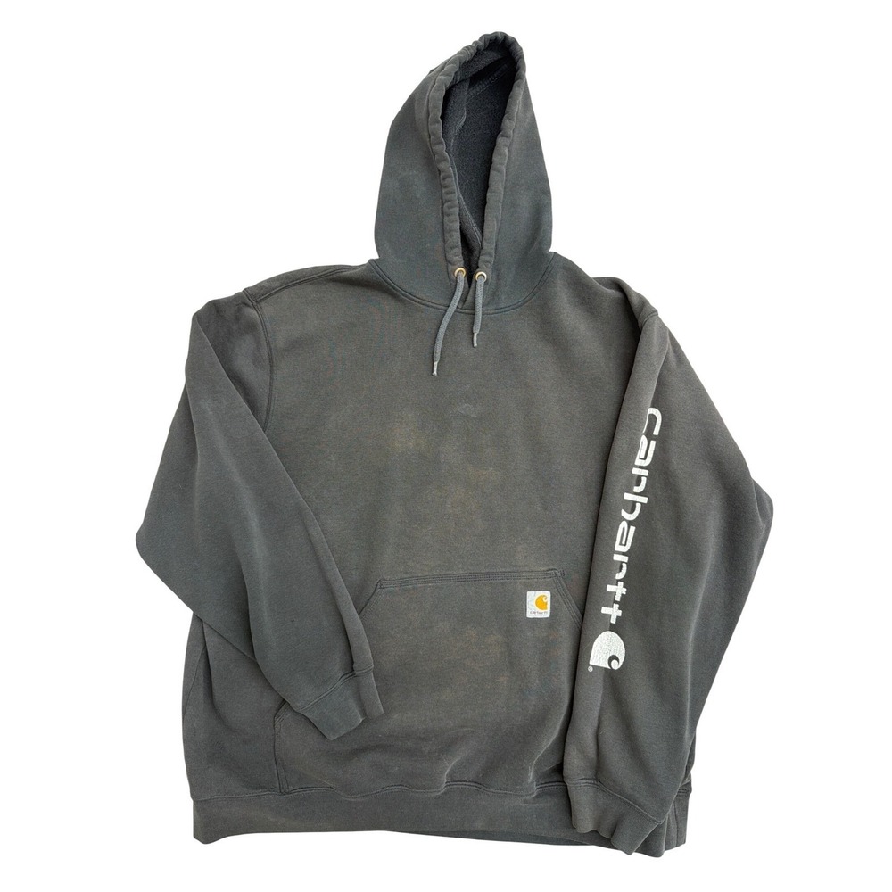 Carhartt Mens 2XL Original Fit Sleeve Logo Hoodie Faded Black Gray Pullover 1409